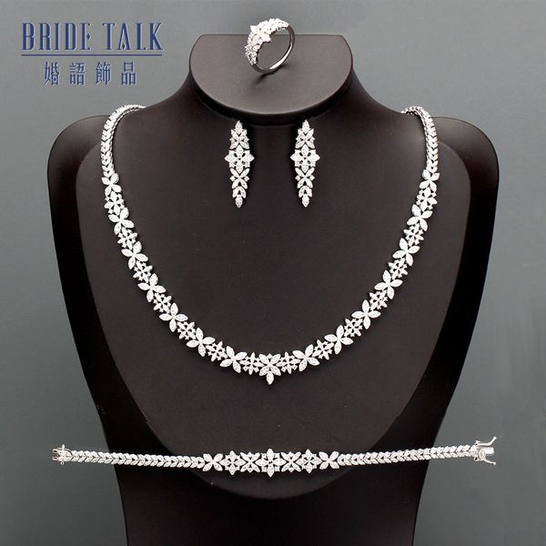 

luxury cubic zircon necklace earring 4pcs jewelry sets dubai full studded with cz for women wedding & engagement jewelry set, Silver