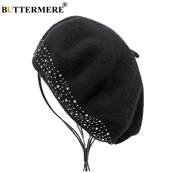 BUTTERMERE Berretto di lana Berretto da donna Rivetto nero Artistico Cappelli da donna Berretti francesi Elegante morbido femminile Autunno Inverno Berretti da pittore Y200102 s