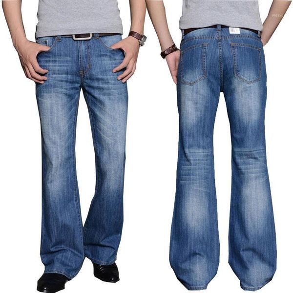 

2019 mens modis big flared jeans boot cut leg flared loose fit high waist male designer classic denim jeans pants biker1, Blue