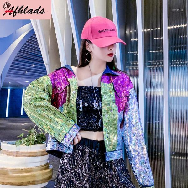 

2020 autumn and winter sequins denim jacket women clothing female hip hop loose women's turn-down collar hole jacket coats1, Black;brown