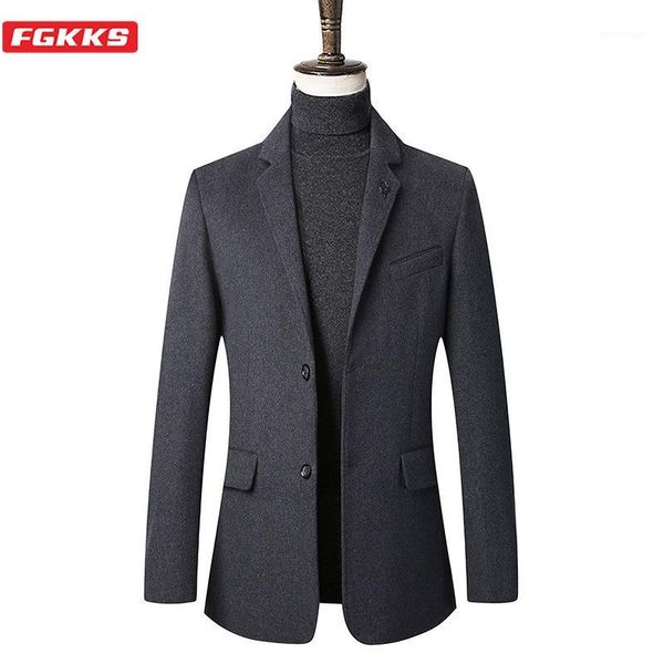 

men's wool & blends fgkks men business coat casual brand men's simple slim fit coats male solid coats1, Black