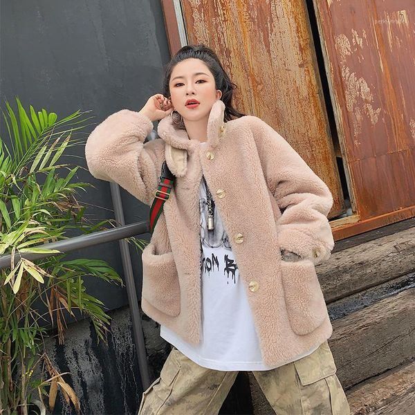 

women 100% wool coat female suede lining korean jackets real sheep shearling fur 2021 winter jacket a2521 women's & faux, Black