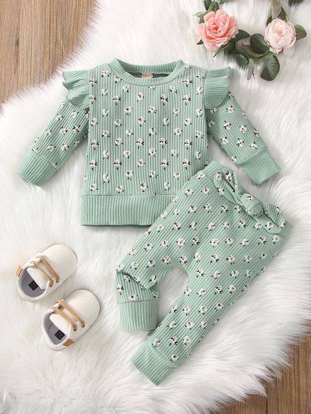 

floral print ruffle trim sweatshirt & bow front pants she, White
