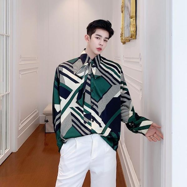 

casual shirts male vintage print tie bow fashion show loose dress shirts stage clothing flower shirt men spring new long sleeve, White;black