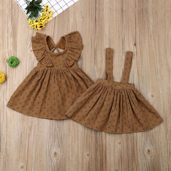 

0-4y retro kids baby girl sisters matching clothes print ruffles suspender dress girl cotton and linen clothes, Red;yellow