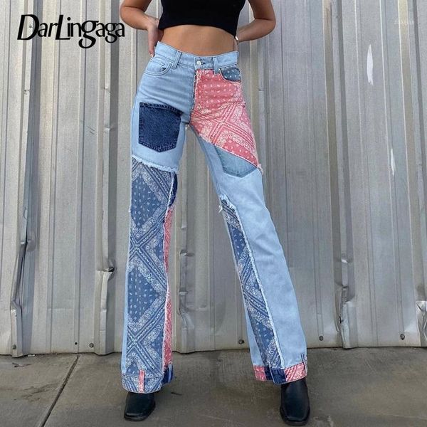

darlingaga streetwear vintage patchwork jeans woman high waist trousers contrast color baggy mom jeans floral denim pants capris1, Blue
