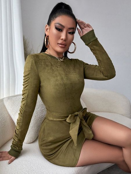 

sxy ruched sleeve belted suede bodycon dress k08n#, White;black