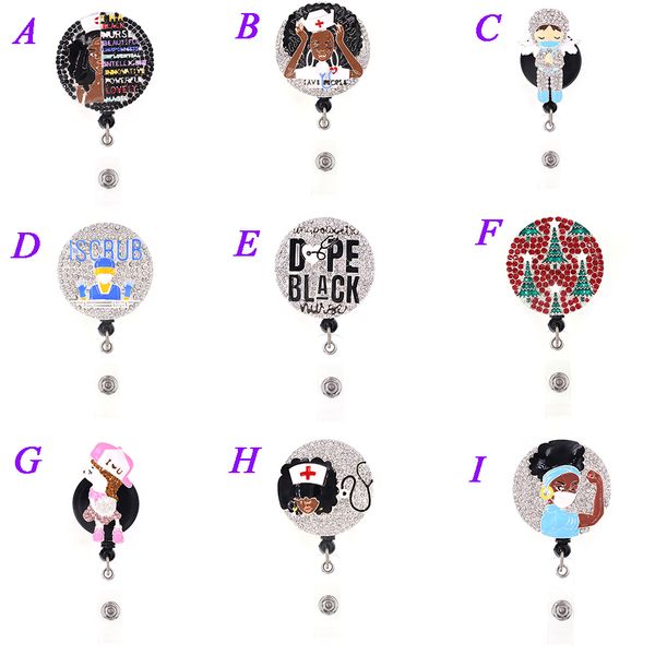 

1pc /5pcs /10pcs cute retractable rhinestone crystal ename scrub black nurse badge reel for decoration, Gray