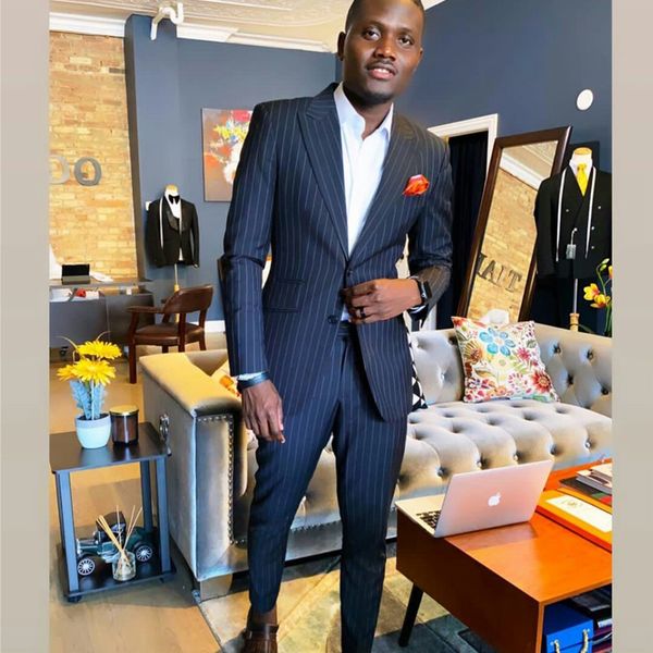 

slim fit navy striped mens suits 2 pieces groom man pants suit business wedding tailored blazer jacket (jacket+pants), Black;gray