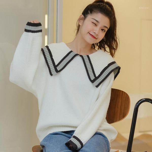

autumn 2021 winter clothes women korean style harajuku fashion personality sweet vintage navy striped knitted sweater women1, White;black