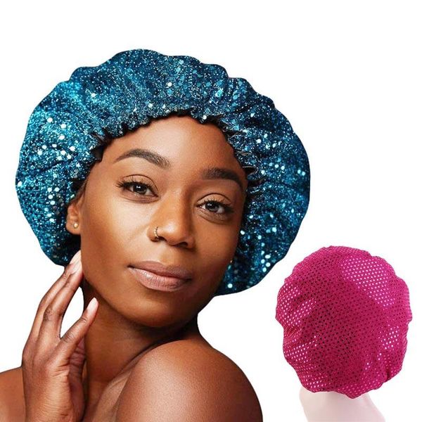 

beanie/skull caps 2021 women night sleep cap sequined satin elastic bonnet hat head cover adjust hair loss curly springy styling accessories, Blue;gray
