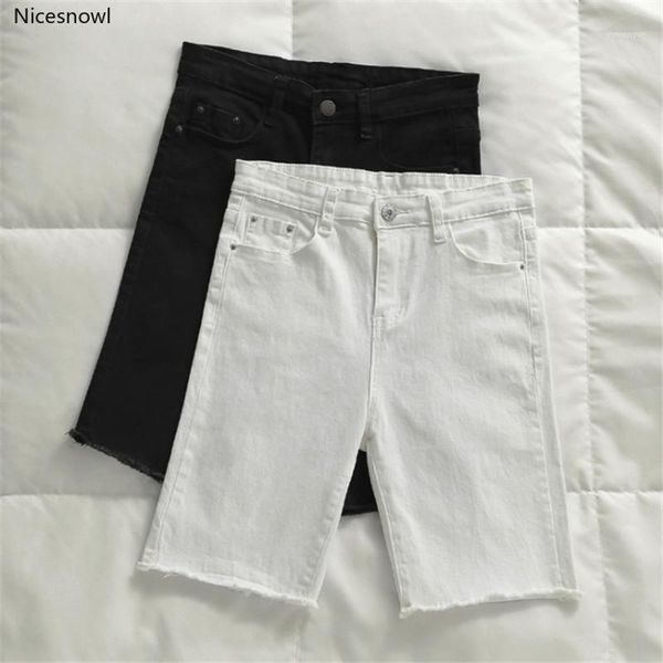 

summer casual white black denim shorts women knee length high waist shorts women short jeans skinny stretch1