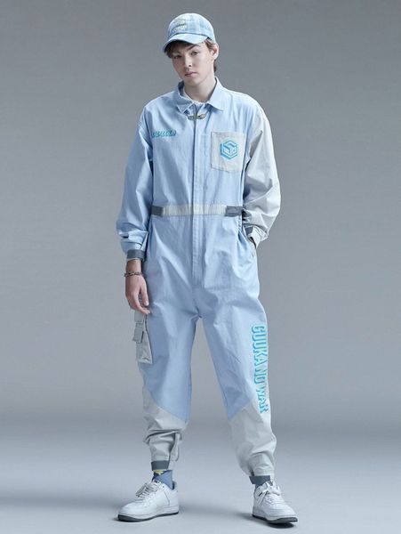 

men slogan graphic color block flap pocket jumpsuit without bag 59fx#, Gray