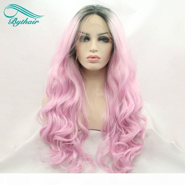 

bythairshop ombre pink wig with dark roots synthetic lace front wigs heat resistant fiber body wave hair for women, Black