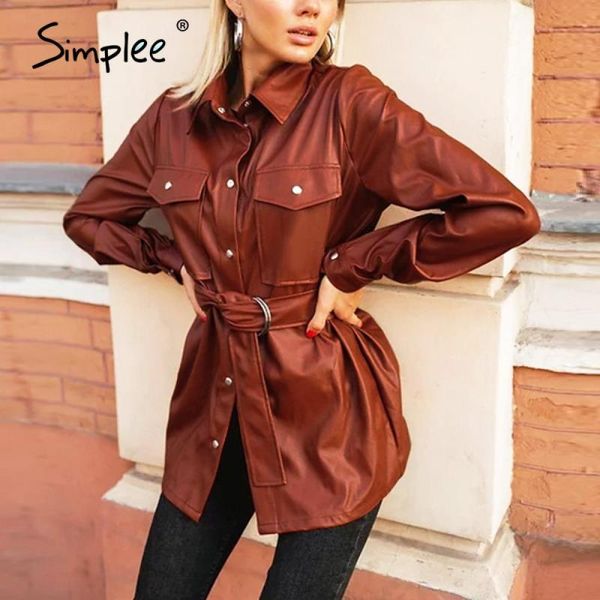 

simplee vintage pu leather shirts women causal turn-down collar blouse shirt with belt autumn winter chic pocket shirt 2020, White
