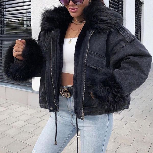 

autumn winter coats women cool punk black long sleeve plush jacket outerwear overcoats jeans thick jacket casual short1, Black;brown