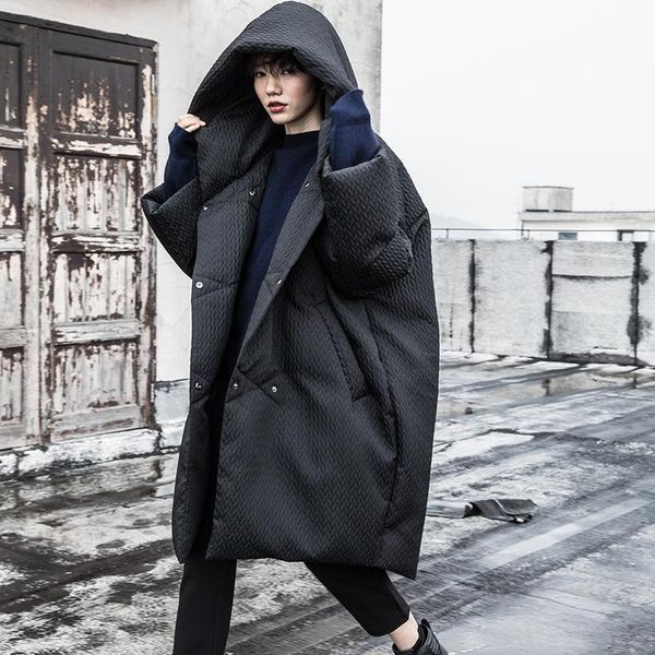 

women's down & parkas original design winter women brief casual ultra loose hooded jacquard white duck jacket thick warm middle long pu, Black