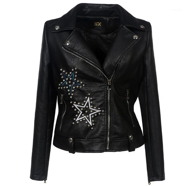 

2019 pu printed women jacket decorative flowers & stars streetwear coat faux pu leather motocycle windbreak outerwear1, Black