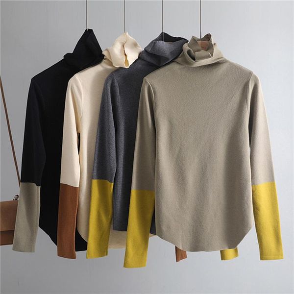 

2021 casual spring autumn pile collar weater pullovers women basic loose patchwork sweater female turtleneck knit jumper, White;black