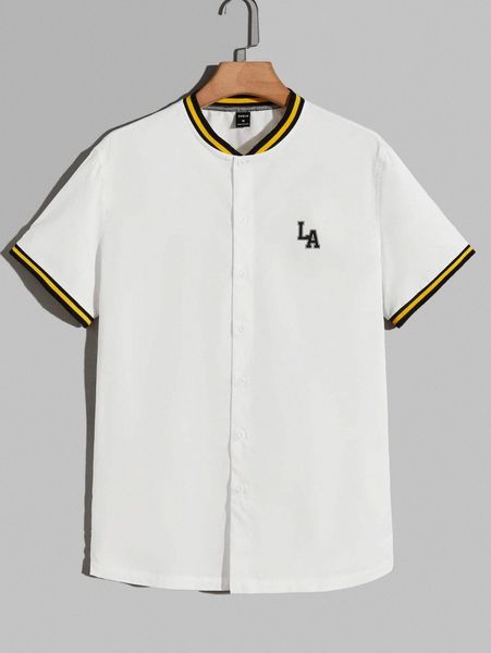 

men letter graphic contrast trim shirt e2pp#, White;black