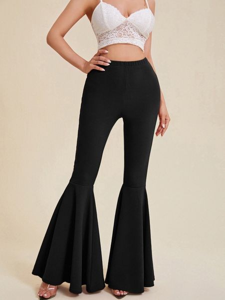 

solid elastic waist flare leg pants f4uz#, Black;white