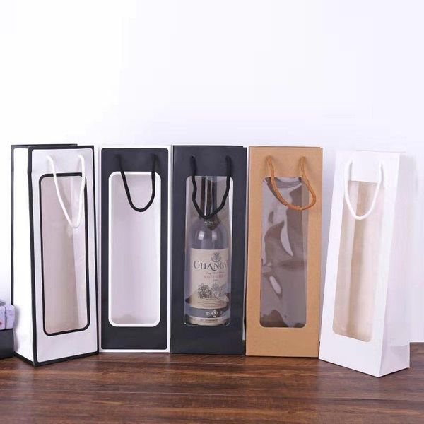

100pcs/lot 8 colors kraft paper single red wine bag window transparent rectangular gift bag flower tote 12.5cmx8.5cmx35cm