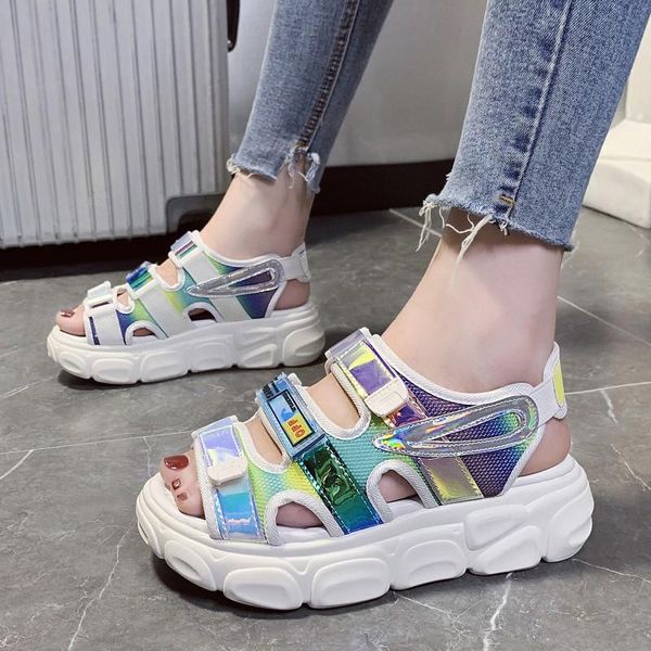 

female casual summer flat platform for girl beach shoes women flat sandals open toe hook loop soft jelly sandals, Black