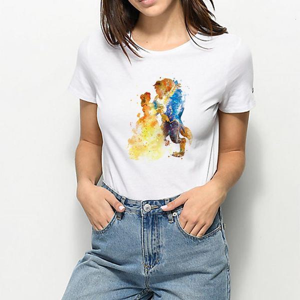

summer hipster graphic princess prince ball tshirt harajuku elegant t-shirt cute cartoon beauty the beast gorgeoust shirt, White