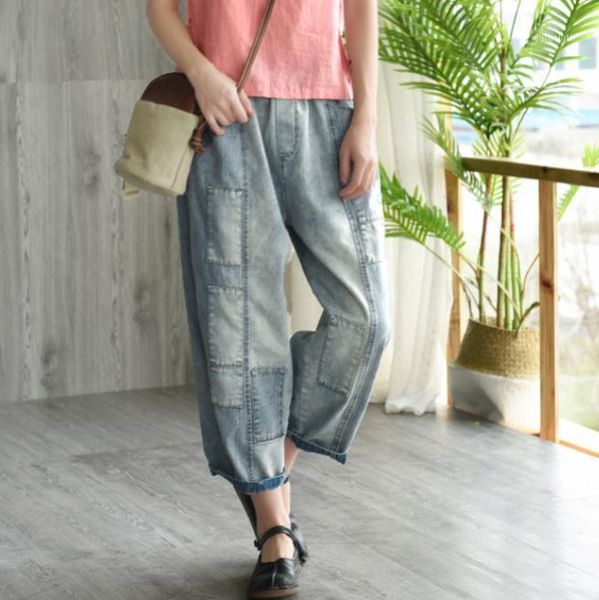 

spring autumn jeans fashion women elastic waist loose casual denim trousers new ladies retro pocket patchwork denim pants1, Blue