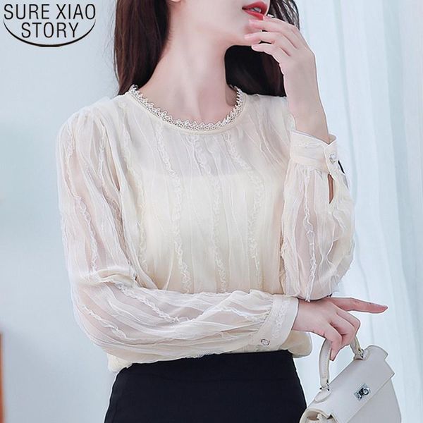 

women's blouses & shirts 2021 korean elegant chiffon office lady mesh lace long sleeve women blouse solid pullover female 10932, White