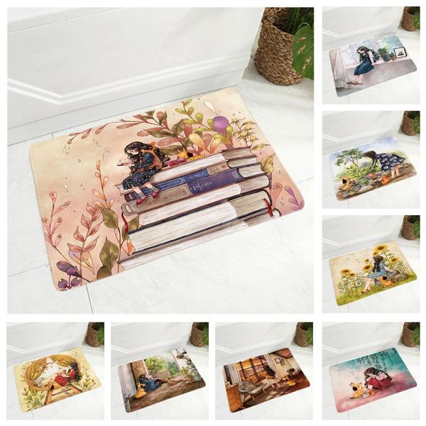 

soft floor mat for children room cute mori girl dining hall non-slip decor doormat girl and dog flannel bedroom carpet 40x60cm