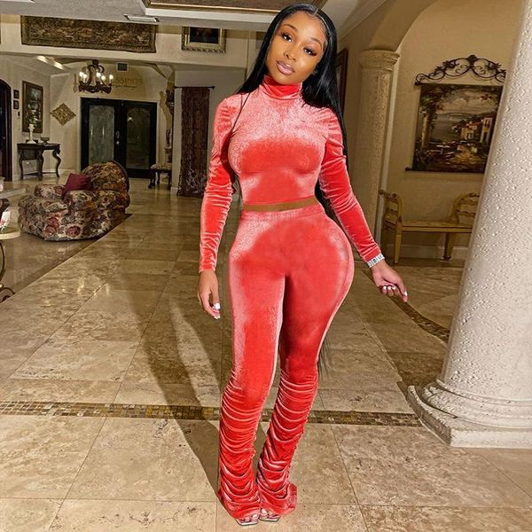 

hirigin velvet two piece set jumpsuit long sleeve stacked leggings flare pants tracksuit fall club outfits matching set, Gray