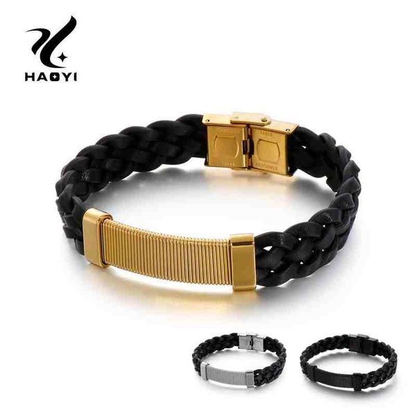 

stainless steel leather charm bracelets for men fashion classic causal/sport braided leather rope male metal jewelry, Golden;silver