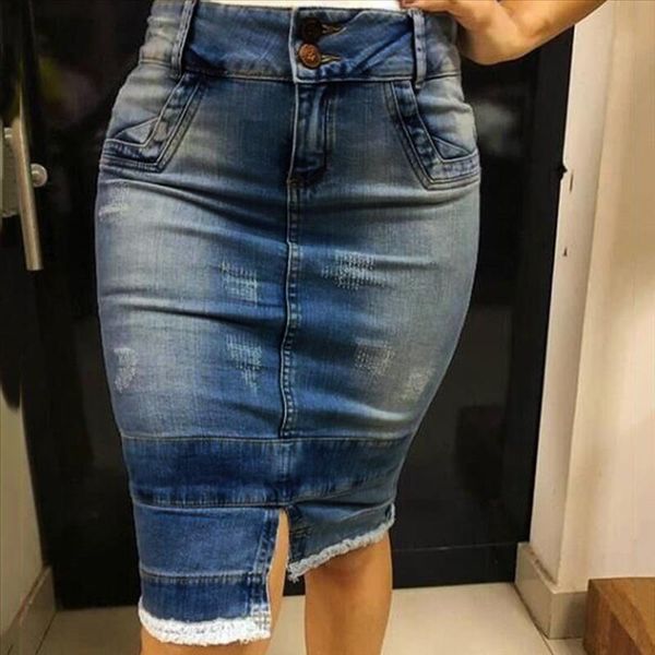 

plus size s-5xl pencil denim skirts womens fashion high waist ripped destroyed bodycon skirt split midi skirt faldas mujer moda, Black