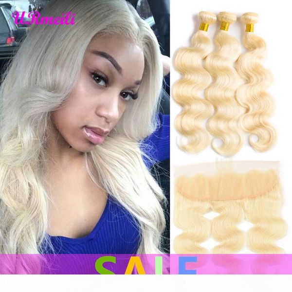 

urmeili brazilian 613 blonde color body wave hair 3 bundles with 13*4 frontal 10a brazilian remy human hair body wave bundles with closure, Black;brown