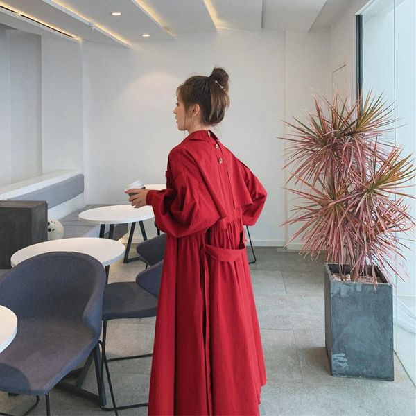 

women spring autumn cloak long over-knee windbreaker solid color jacket female plus size loose zipper overcoats new year red, Tan;black