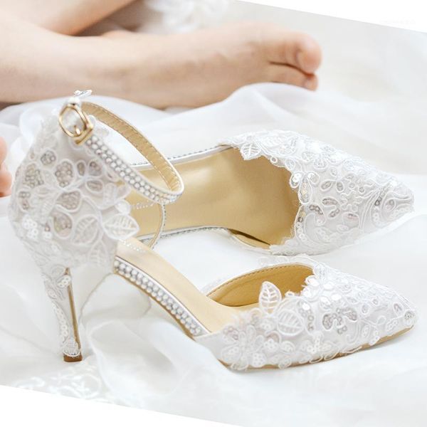 

summer lace pointed sandals stiletto high heel bridesmaid wedding shoes white gift banquet dress large size women's shoes1, Black