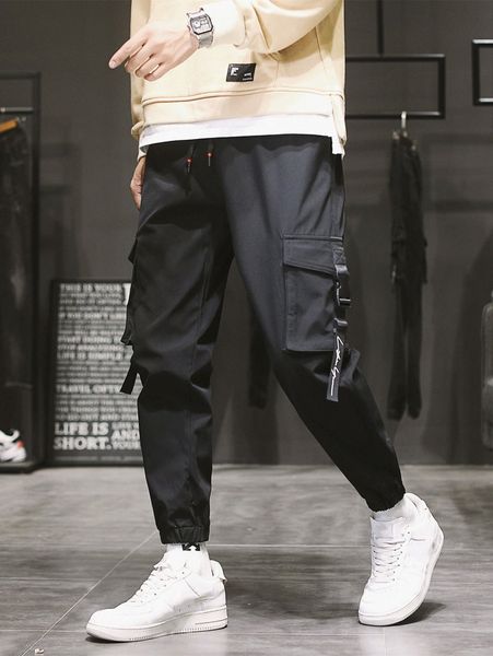 

men flap pocket drawstring waist cargo pants 24zg#, Black