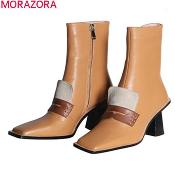 

morazora 2020 genuine leather boots thick heels square toe women brand boots autumn winter mixed colors ankle1, Black