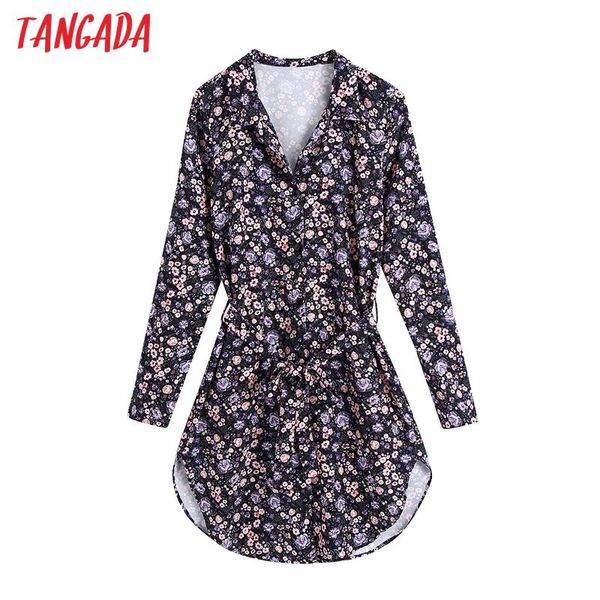 

tangada women vintage purple floral print shirt dress with sashes spring female casual mini vestidos be106, Black;gray