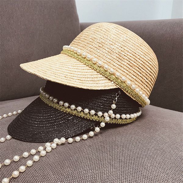 

latest fashion pearl chain hat elegant floral straw hats lady garden church hat resort beach hats women peaked cap, Black;white
