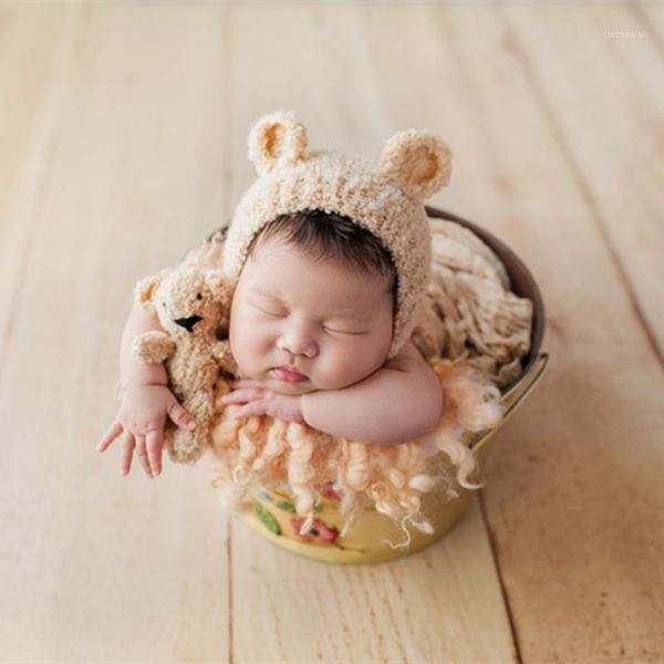 

caps & hats ruffle knitted born teddy bear hat toy set beige stuffed crochet animal pattern baby girl boy bonnet po props1, Yellow
