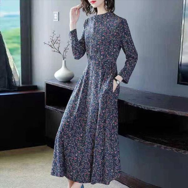 

new women spring floral dress o-neck long sleeve elegant dress casual party maxi dresses pocket long dresses vestido de festa, Black;gray