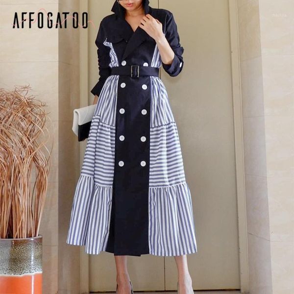 

affogatoo casual lapel women trench coat hit color stripes belt female trenches long sleeve double breasted ladies overcoats1, Tan;black