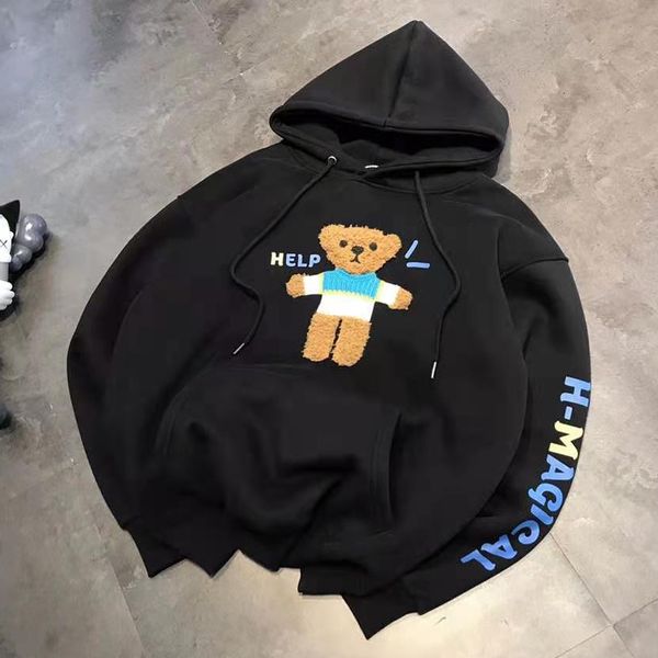 

new letter printed flocked teddy bear casual loose hooded sweater, Black