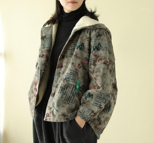 

winter parkas fashion retro women fleece warm coat 2019 new hooded button print casual loose all-match parkas jackets1, Black