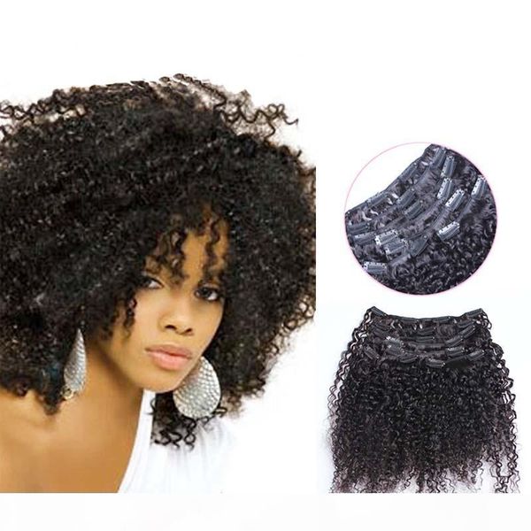 

kinky curly virgin hair 100g 7pcs kinky curly clip ins natural color african american clip in human hair extensions, Black;brown