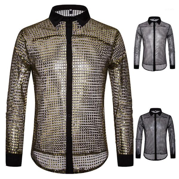 

european and american men's autumn and winter models polka dot scales nightclub costume design men's long-sleeved lapel shirt1, White;black