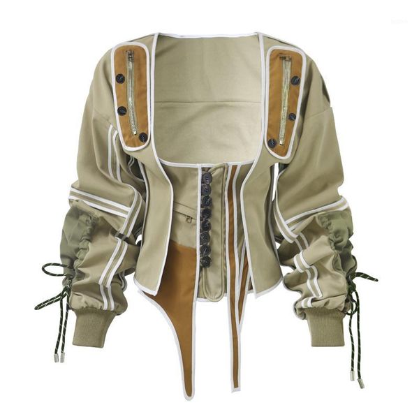 

winter trendy ladies jacket runway coat windbreaker patchwork cotton army green irregular vintage lace up corset jacket1, Black;brown