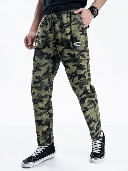 

men camo print letter patched utility pocket drawstring waist pants j1jl#, Black